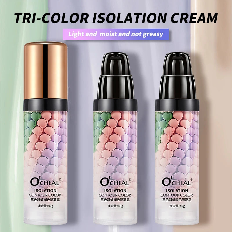 Three-color makeup base is light, moisturizing, easy to apply, and provides long-lasting makeup