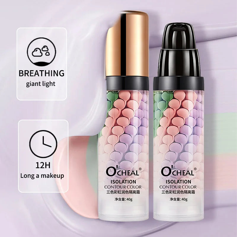 Three-color makeup base is light, moisturizing, easy to apply, and provides long-lasting makeup
