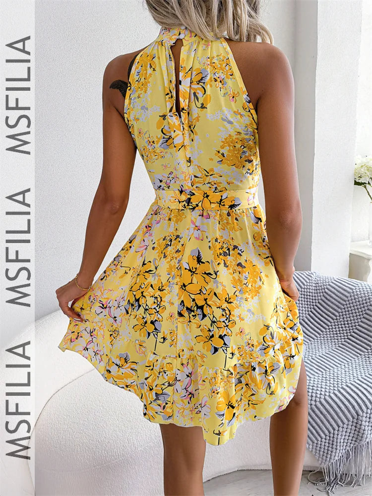 Msfilia Spring Summer Sexy Leopard Print Ruffled Dress Women Sleeveless Lace Up A Line Halter Neck Mini Dress