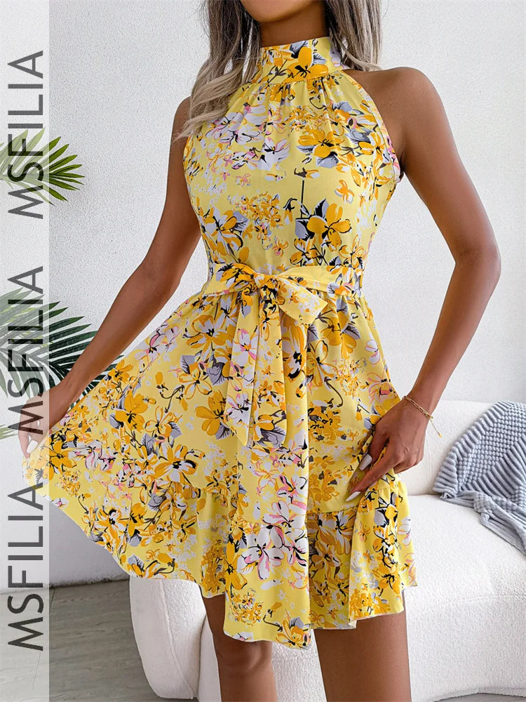 Msfilia Spring Summer Sexy Leopard Print Ruffled Dress Women Sleeveless Lace Up A Line Halter Neck Mini Dress