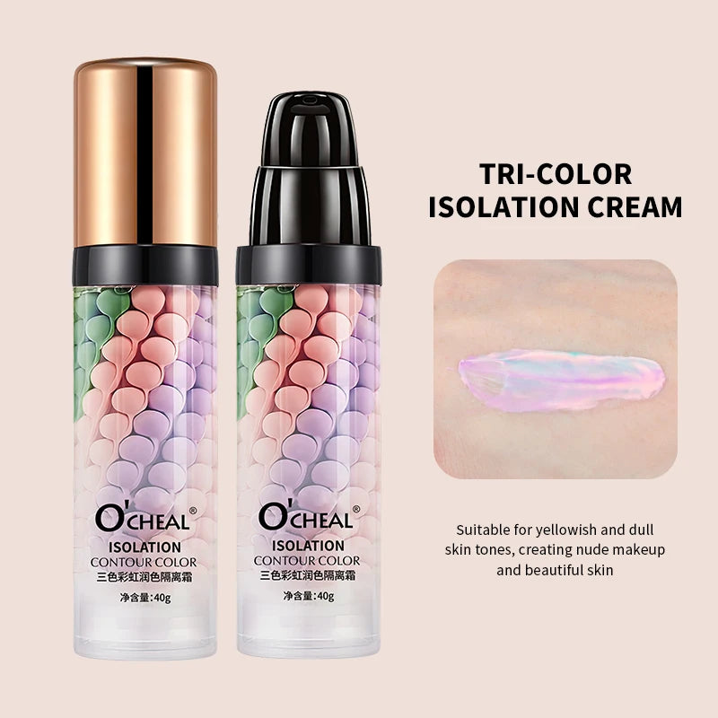 Three-color makeup base is light, moisturizing, easy to apply, and provides long-lasting makeup