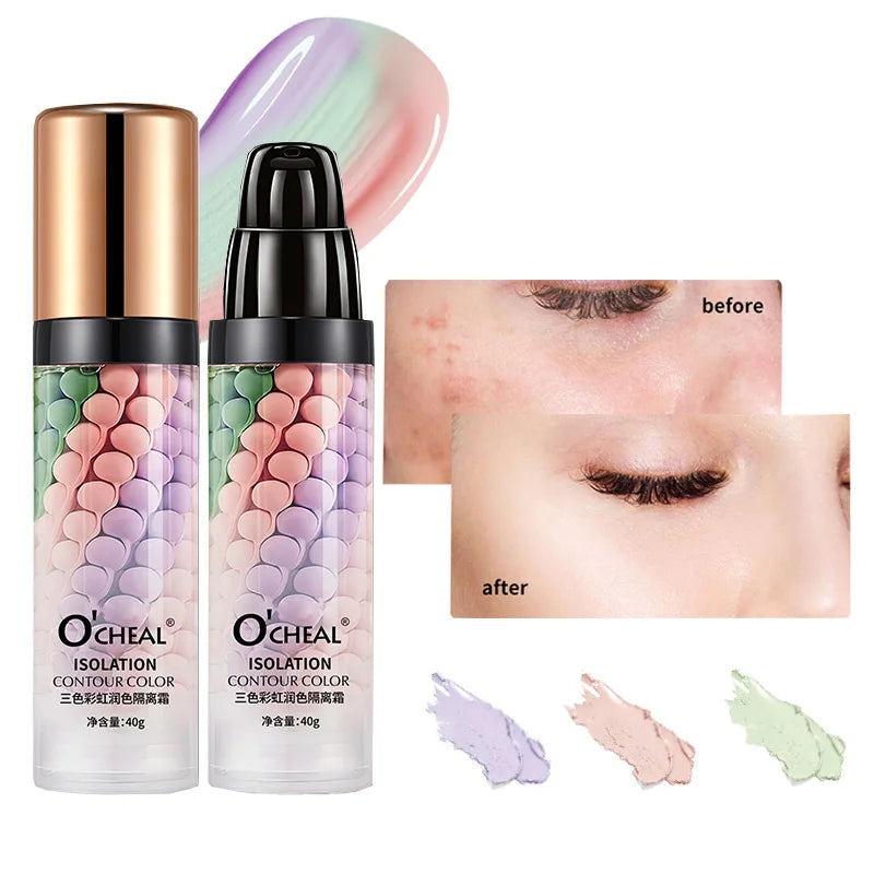 Three-color makeup base is light, moisturizing, easy to apply, and provides long-lasting makeup