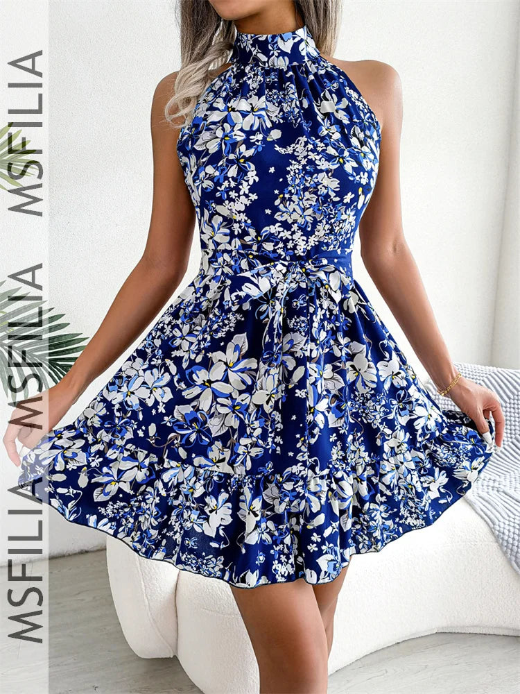 Msfilia Spring Summer Sexy Leopard Print Ruffled Dress Women Sleeveless Lace Up A Line Halter Neck Mini Dress