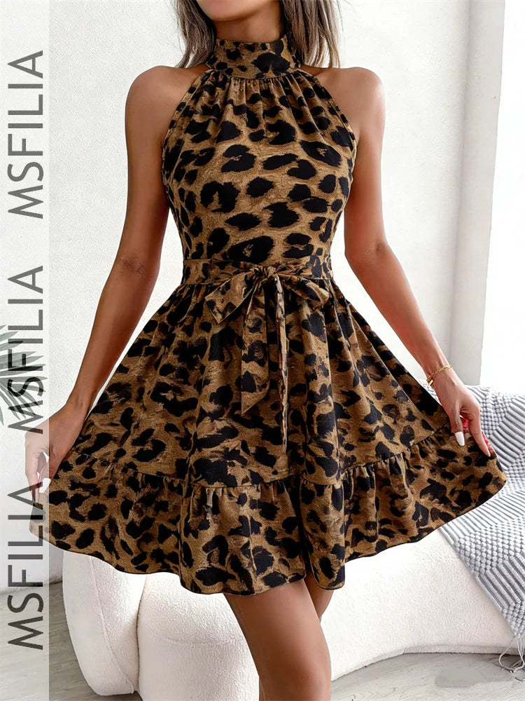 Msfilia Spring Summer Sexy Leopard Print Ruffled Dress Women Sleeveless Lace Up A Line Halter Neck Mini Dress