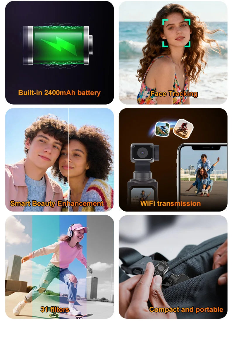 Regaton 4K Action Camera 330° Face Tracking Gimbal Stabilizer 1.72 Inch Touch Screen 64MP Pocket Digital Camera WiFi Sports DJ