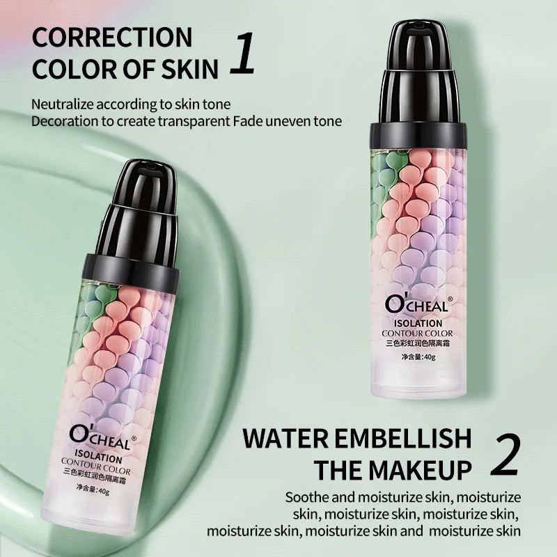 Three-color makeup base is light, moisturizing, easy to apply, and provides long-lasting makeup