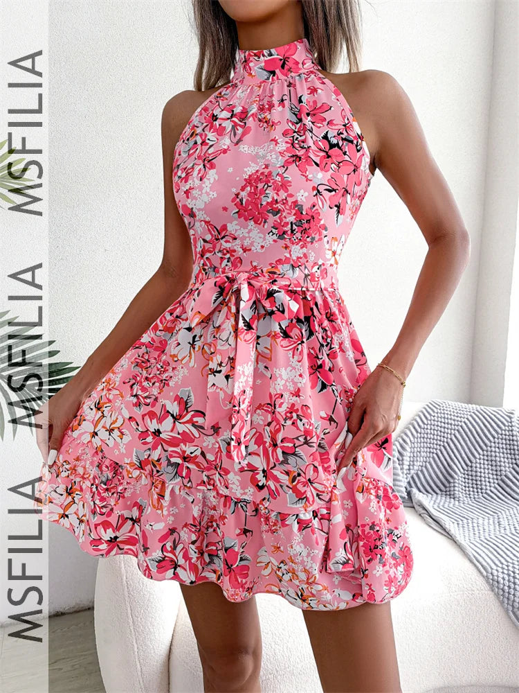 Msfilia Spring Summer Sexy Leopard Print Ruffled Dress Women Sleeveless Lace Up A Line Halter Neck Mini Dress