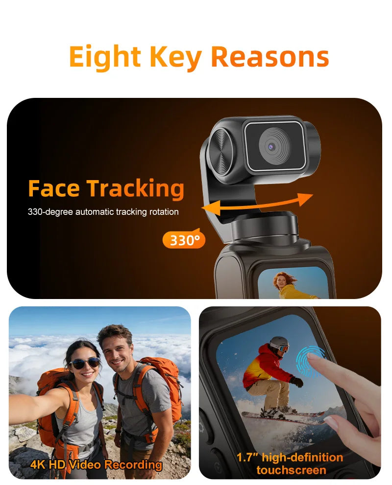 Regaton 4K Action Camera 330° Face Tracking Gimbal Stabilizer 1.72 Inch Touch Screen 64MP Pocket Digital Camera WiFi Sports DJ