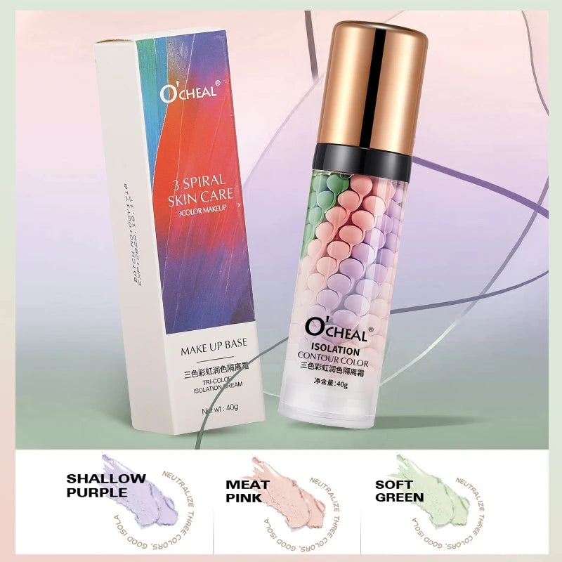 Three-color makeup base is light, moisturizing, easy to apply, and provides long-lasting makeup